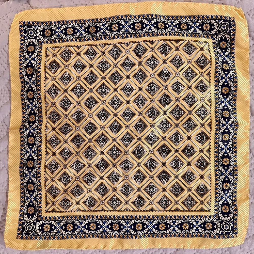 100% Silk Square Gold Navy Geometric | Hand Rolled Hem | Luxury